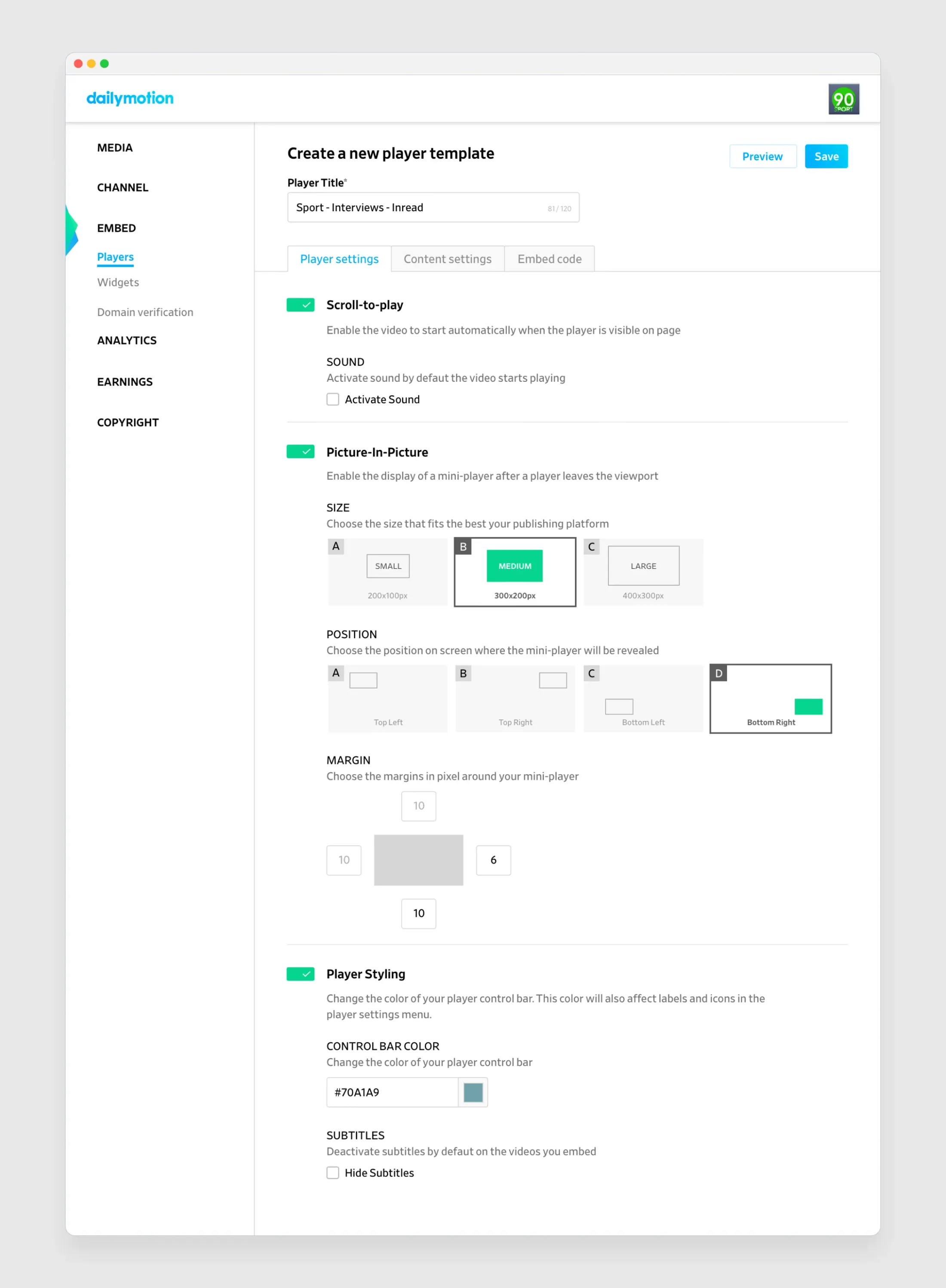 Player template configurator